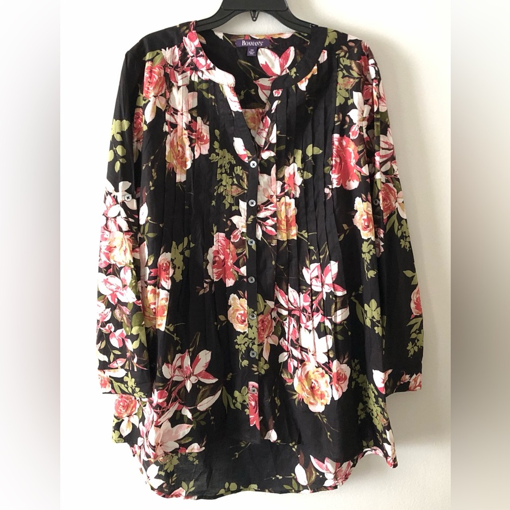 Roaman's Black Floral Pintuck Button-Front Tunic